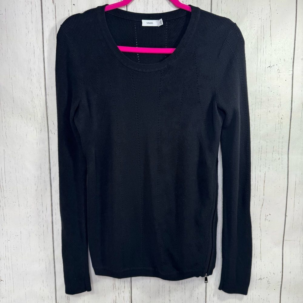 Vince Black Ribbed Knit Sweater Side Zipper Detail Minimalist Chic Quiet Luxury